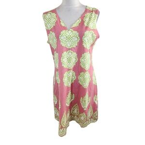 Before+Again Pink Green Medallion Paisley V-Neck Sleeveless Shift Dress XL USA